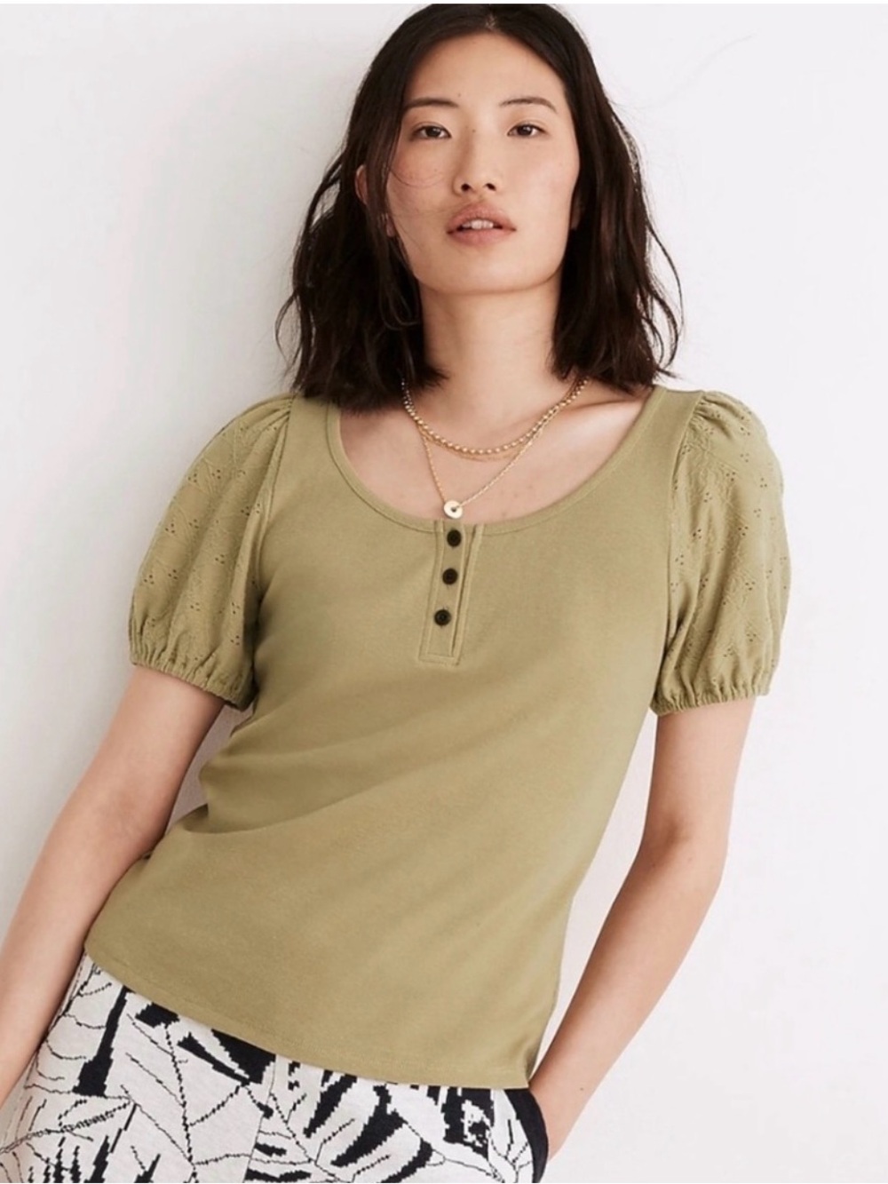 Madewell Olive Eyelet Puff Sleeve Henley Top Size M